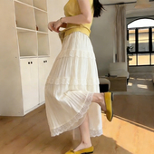 欧货高端定制米白色压褶大码 半身裙女2026春夏新款 蕾丝边大摆裙子