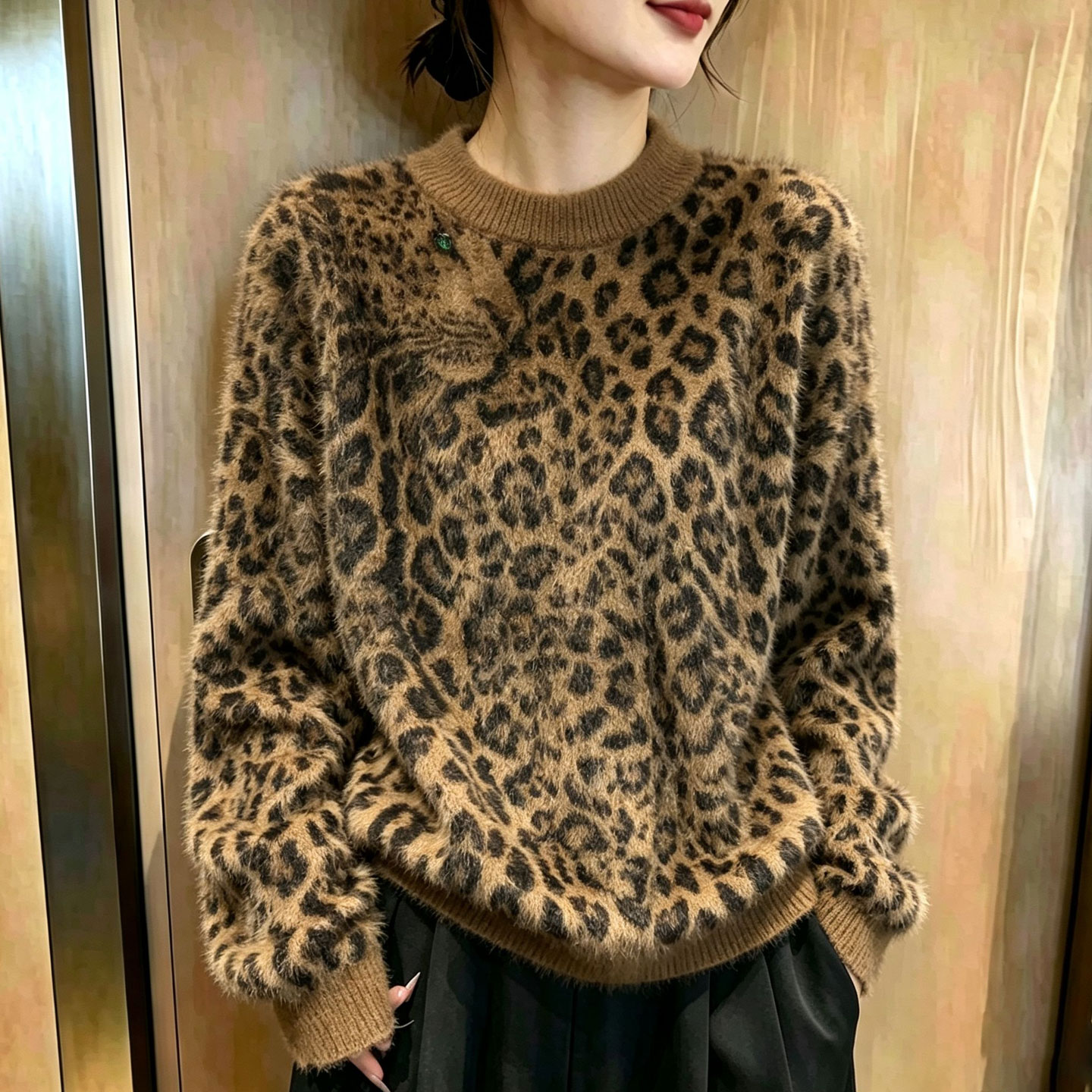 欧货高端圆领宽松时髦大码上衣女2026秋季新款复古咖色豹纹毛衣