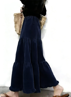 欧货高端定制深蓝色灯芯绒大码半身裙女2026早春新款轻熟大摆裙子