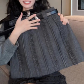 灰色毛呢保暖荷叶边超短裙女2025冬季 新款 韩系气质时髦A字伞裙子