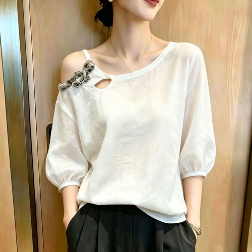 欧货高端立体花边白色大码上衣女