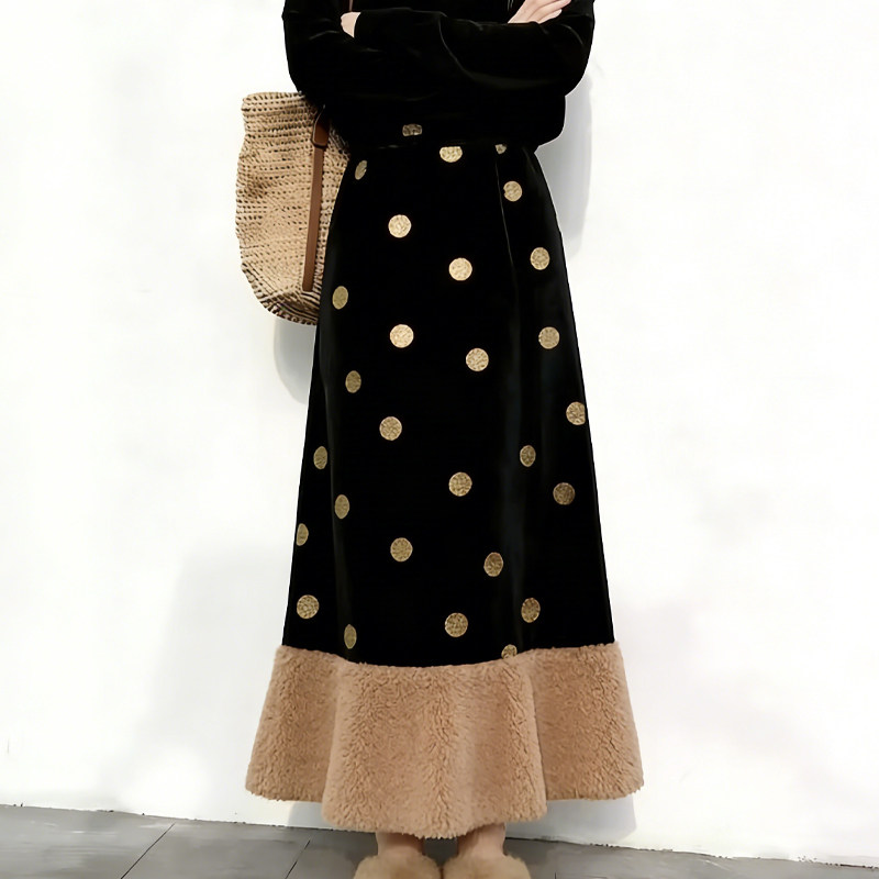 欧货高端定制黑色拼接大码半身裙女2025冬季新款加厚圆点A字裙子,女装/女士精品,大码半身裙,淘宝优惠券,粉丝福利购,淘宝优惠卷