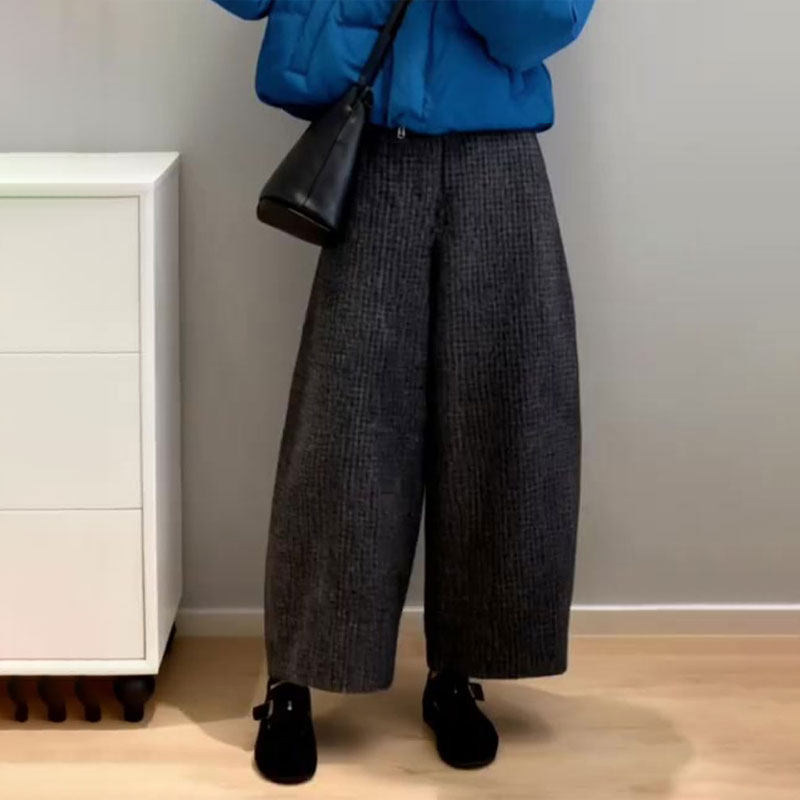 高端定制黑色格子大码阔腿裤女