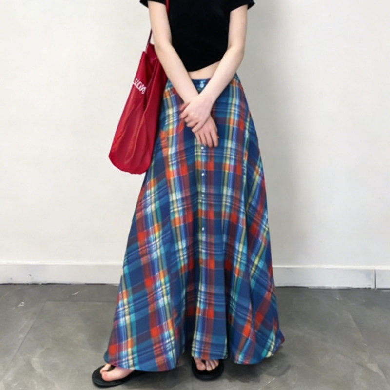 欧货高端定制蓝红格纹棉麻大码半身裙女2026早春新款复古风大摆裙,女装/女士精品,大码半身裙,淘宝优惠券,粉丝福利购,淘宝优惠卷