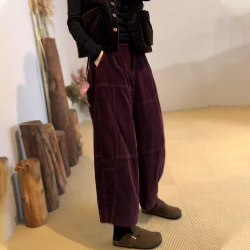 欧货高端定制暗紫色灯芯绒阔腿裤