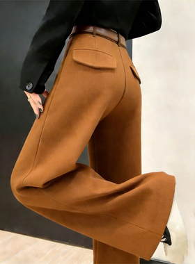 欧货高端定制橘黄色毛呢大码阔腿裤女2026早春新款慵懒休闲直筒裤