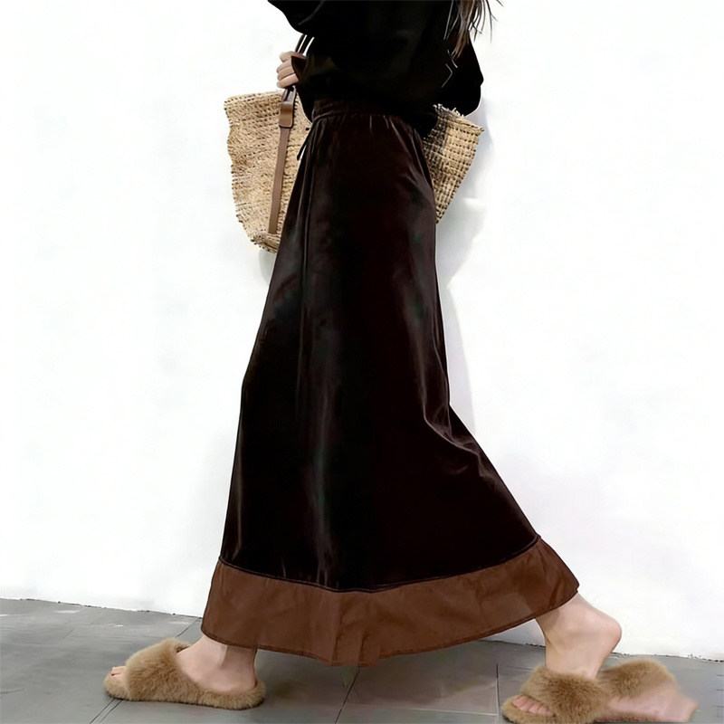 欧货高端定制深棕色丝绒大码半身裙女2026早春新款轻熟拼接大摆裙,女装/女士精品,大码半身裙,淘宝优惠券,粉丝福利购,淘宝优惠卷