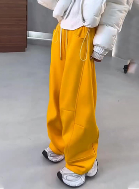 欧货高端定制橙色大码阔腿卫裤女2025冬季新款加厚慵懒松弛弯刀裤
