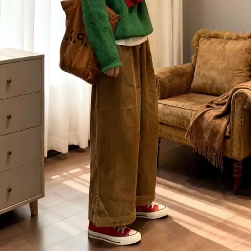 欧货高端定制棕色灯芯绒阔腿裤女