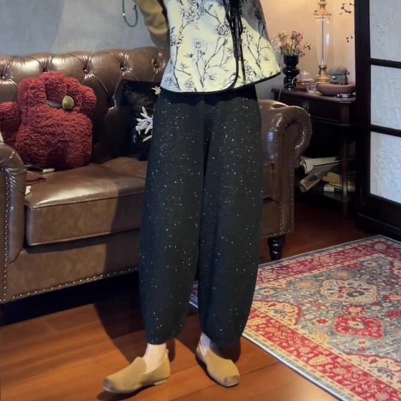 高端定制黑色亮片大码阔腿裤女