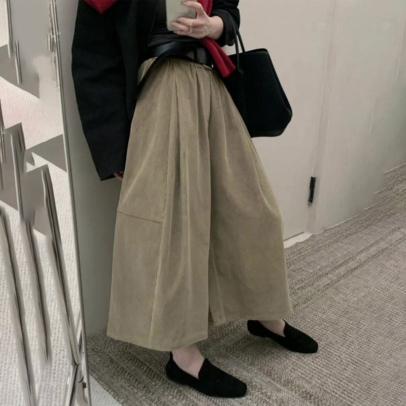 欧货高端定制卡其色灯芯绒大码阔腿裤女2025秋冬新款加厚休闲裤子
