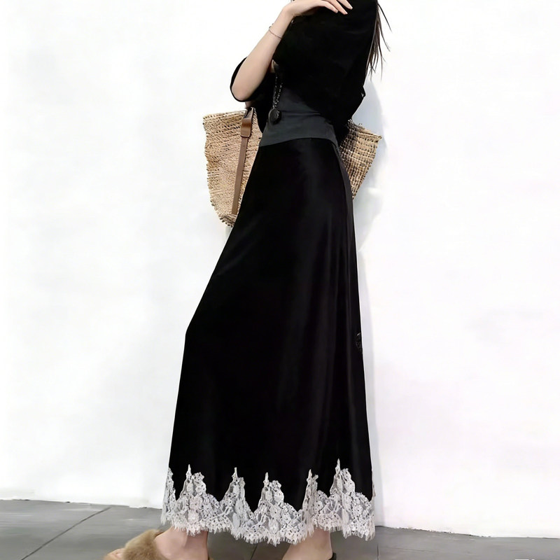 欧货高端定制黑色缎面大码半身裙女2026早春新款蕾丝拼接A字裙子,女装/女士精品,大码半身裙,淘宝优惠券,粉丝福利购,淘宝优惠卷