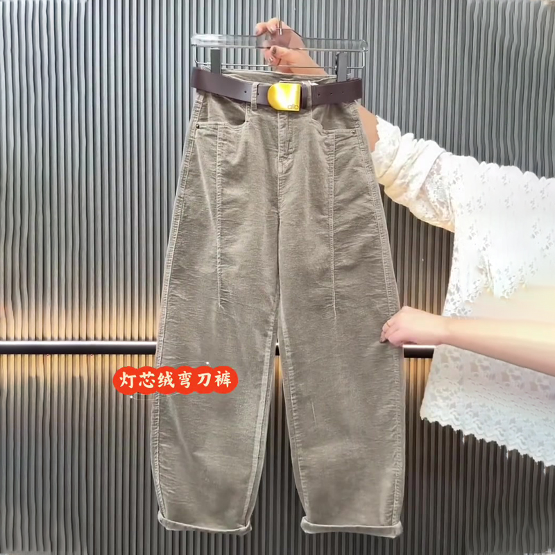 高端定制银灰色灯芯绒大码阔腿裤