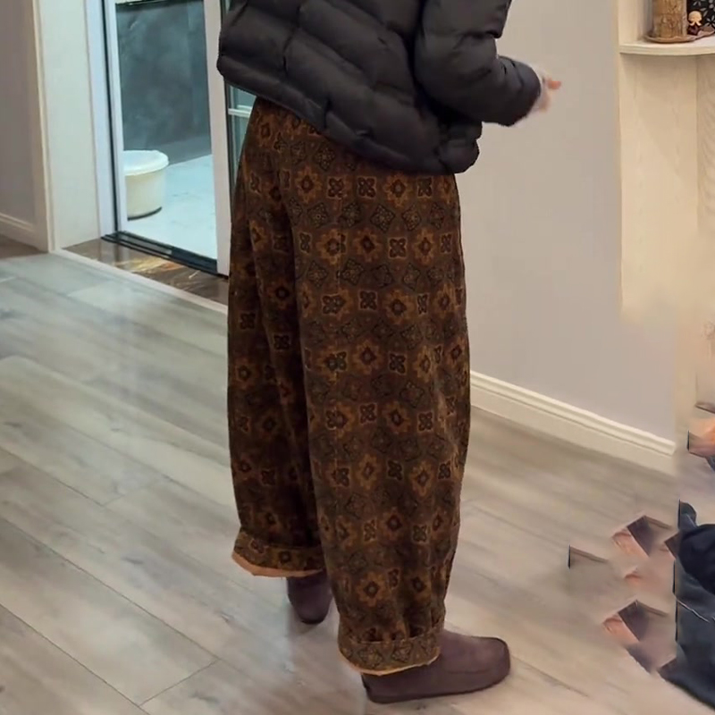 欧货高端定制棕色大印花阔腿裤女