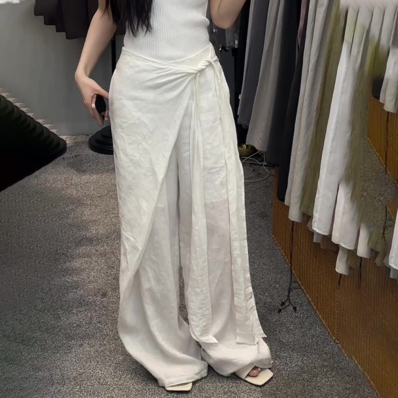 白色休闲亚麻阔腿裤女2025夏季