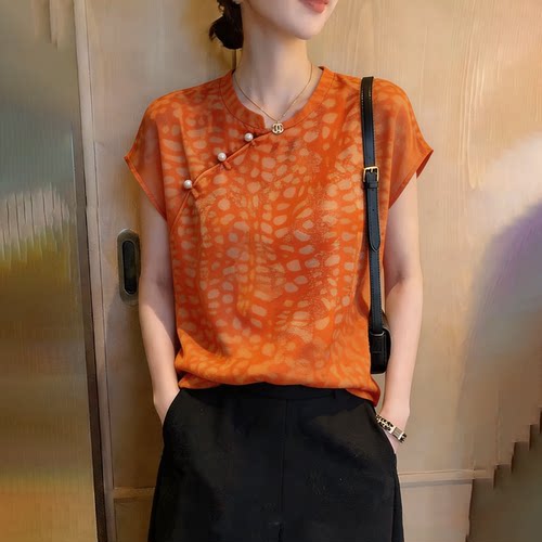 新中式国风橘橙色大码印花上衣女