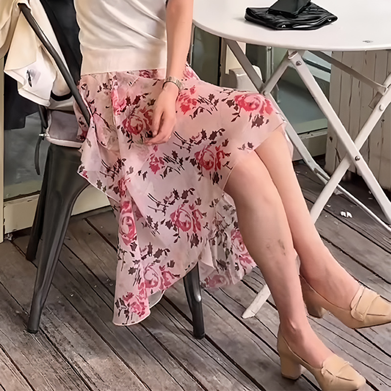 粉色印花不规则设计感气质半身裙女2025夏季新款淑女风高级休闲裙