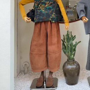 小个子简约休闲裤 新款 子 女2025冬季 橘色宽松百搭灯芯绒八分哈伦裤