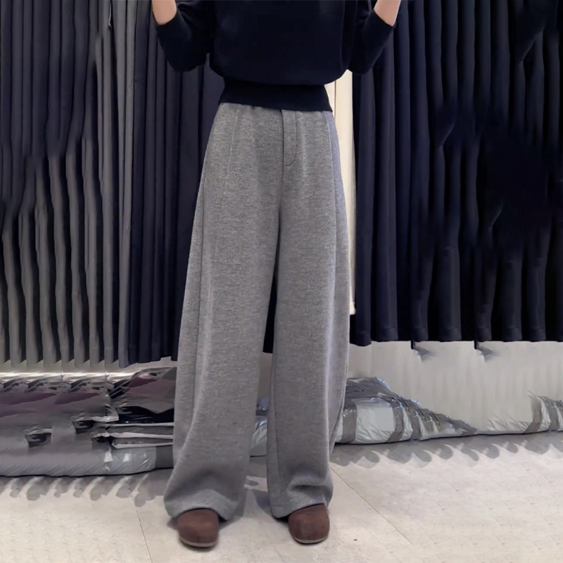 高端定制浅灰色毛呢大码阔腿裤女