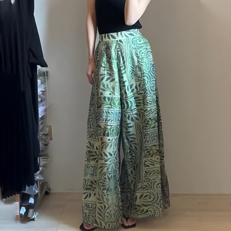 欧货高定绿色印花棉麻阔腿裤女2025夏季新款大码高腰宽松直筒长裤