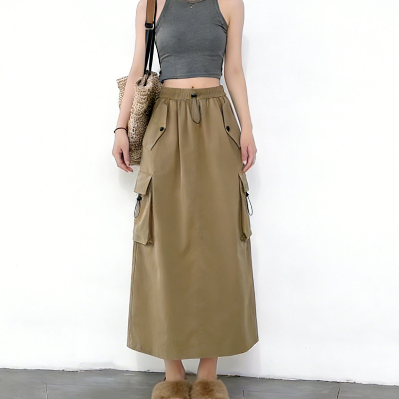 欧货高端定制卡其色松紧腰大码半身裙女2026早春新款工装风A字裙,女装/女士精品,大码半身裙,淘宝优惠券,粉丝福利购,淘宝优惠卷