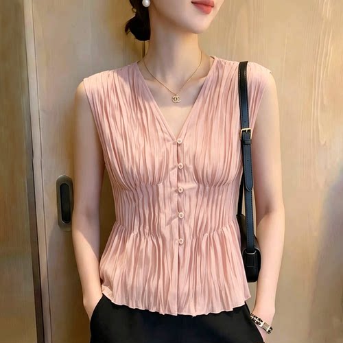 欧货高端通勤百搭粉色V领上衣女