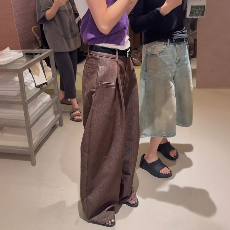 高端定制咖色大码褶皱阔腿裤女