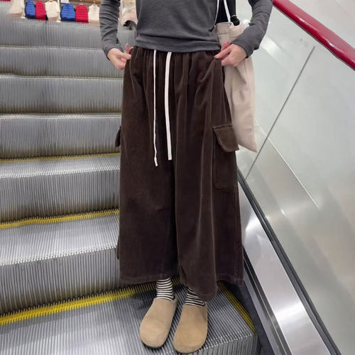 欧货咖色灯芯绒大码八分阔腿裤女