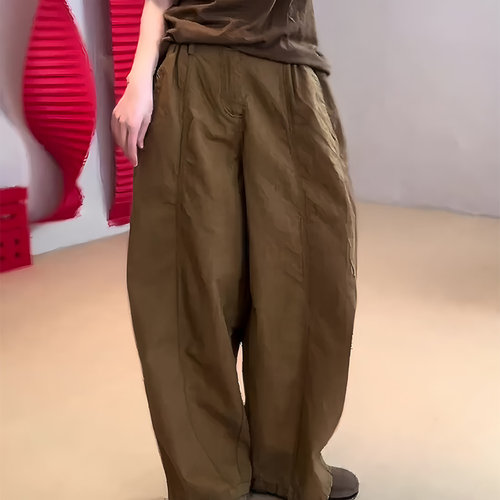 欧货正品棕色舒适感棉麻弯刀裤女