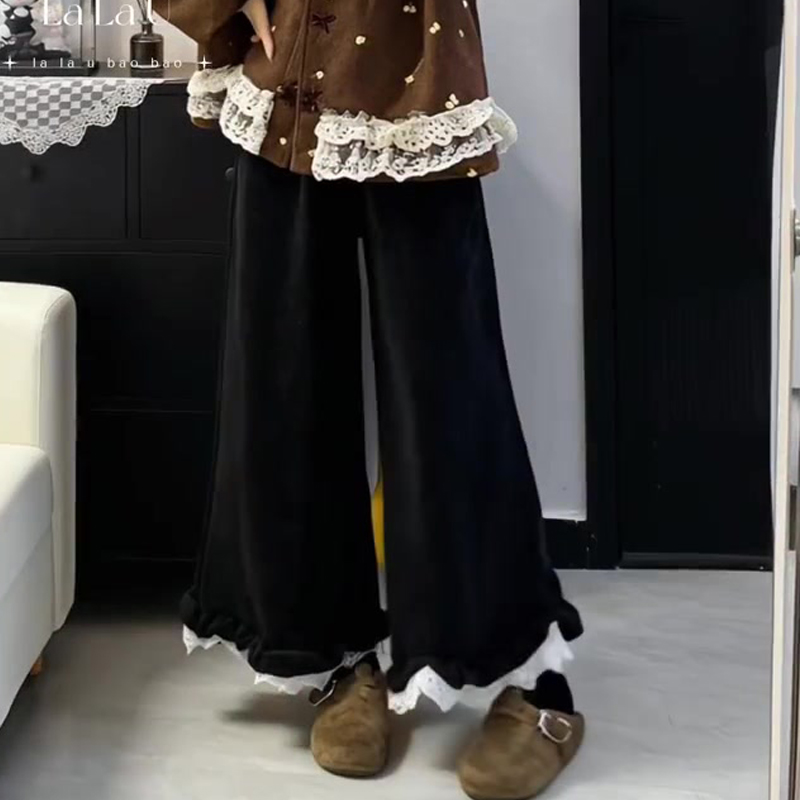 欧货高端定制黑色花边大码阔腿裤