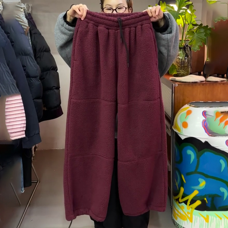 欧货高端定制酒红色毛呢大码阔腿裤女2025冬季新款加厚慵懒休闲裤,女装/女士精品,大码裤装,淘宝优惠券,粉丝福利购,淘宝优惠卷