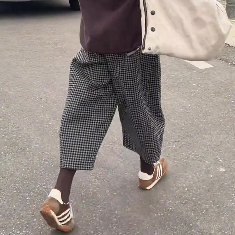 高端定制灰色毛呢大码格子阔腿裤