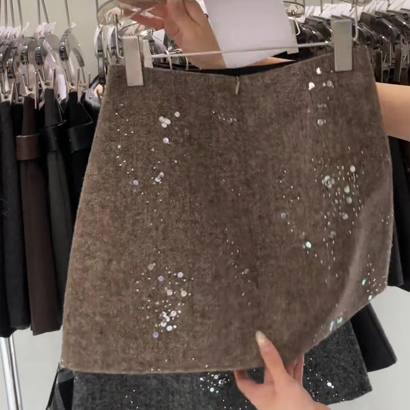 欧货高端定制咖色毛呢大码半身裙