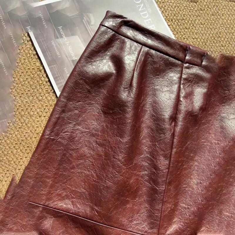 高端定制红棕色大码半身pu皮裙女
