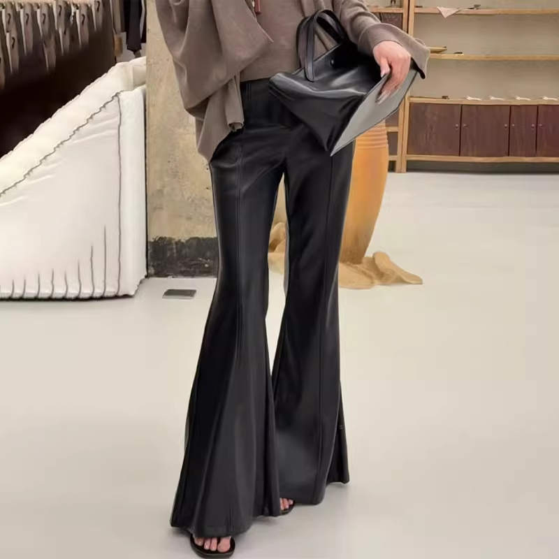 欧货高端定制黑色窄版微喇pu皮裤