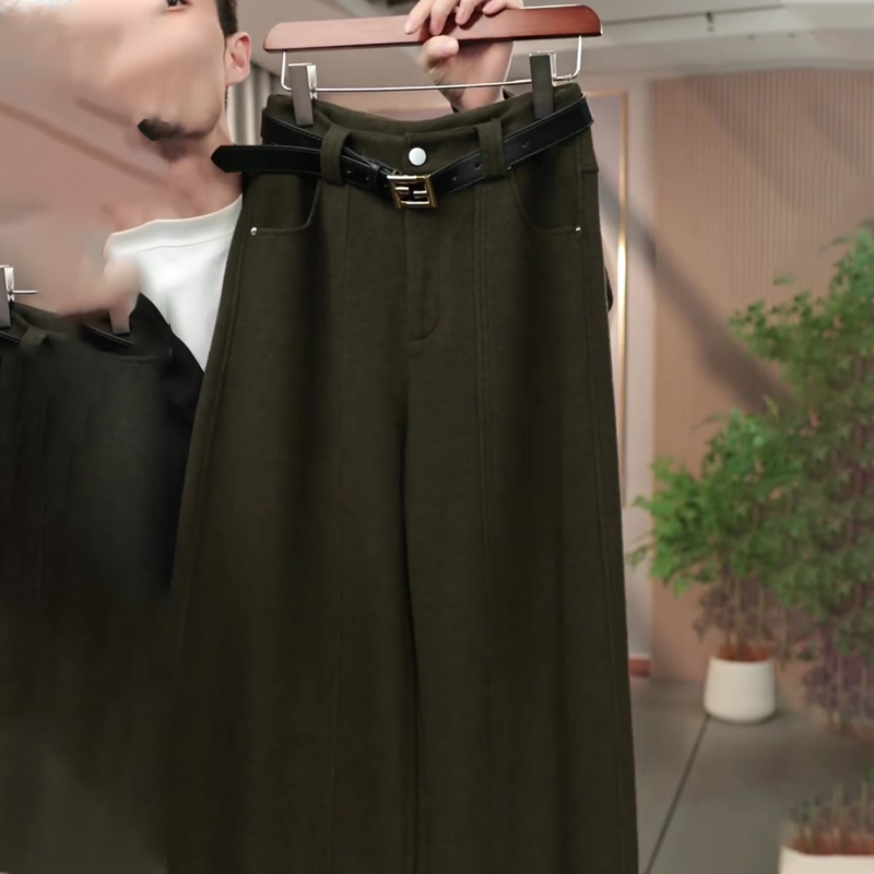 欧货高端定制军绿色毛呢阔腿裤女