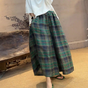 复古棉麻A字裙裤 欧货大牌绿色格纹时尚 新款 半身裙女2025秋季 大码