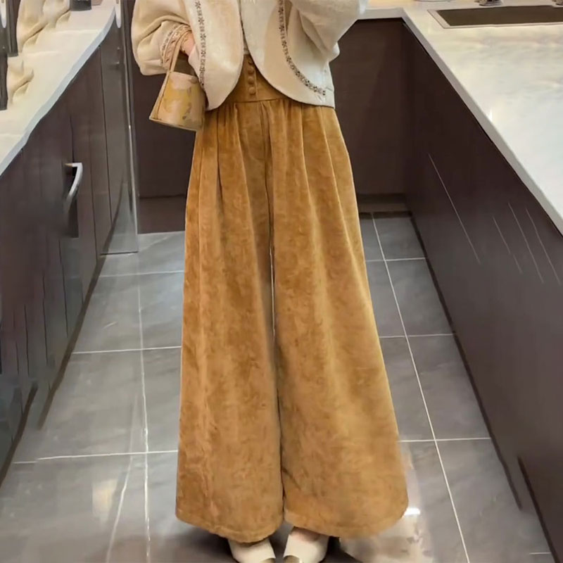 国风暗纹提花黄色大码阔腿裤女