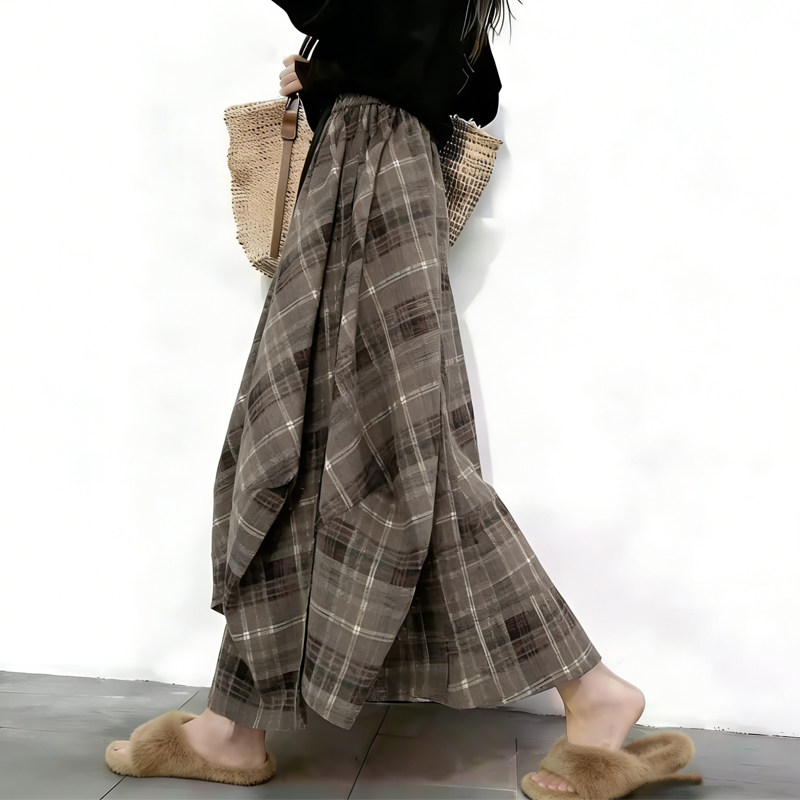 欧货高端定制深咖色格纹大码半身裙女2026早春新款不对称A字裙子,女装/女士精品,大码半身裙,淘宝优惠券,粉丝福利购,淘宝优惠卷