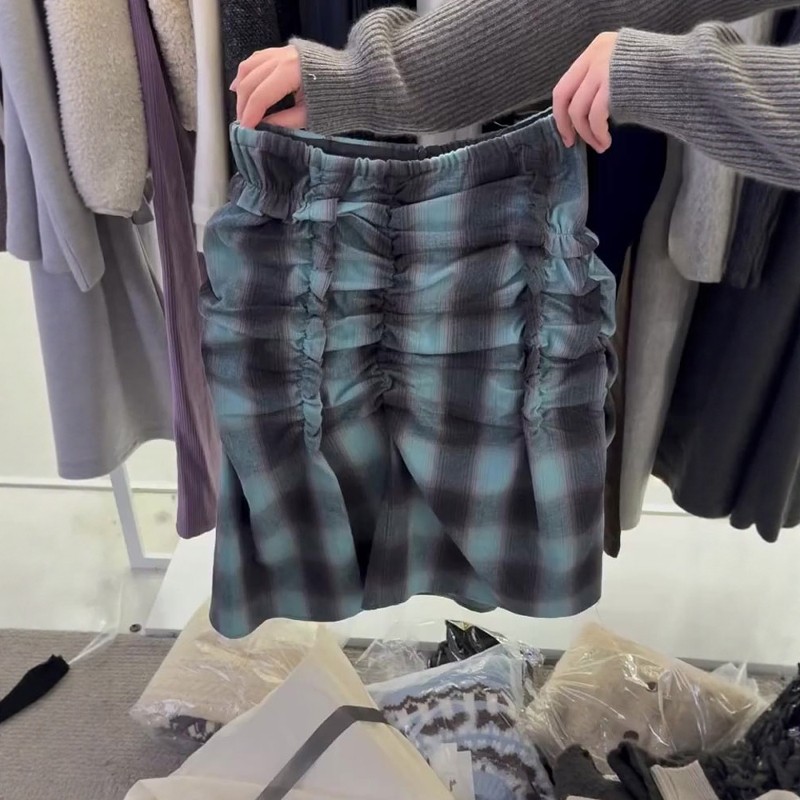 高端定制蓝色格子大码半身裙女