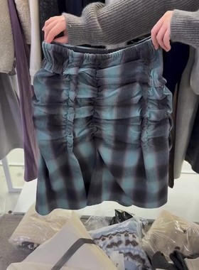 欧货高端定制蓝色格子大码半身裙女2025冬季新款加厚褶皱包臀裙子