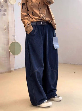 欧货高端定制蓝色大码阔腿裤女2025秋季新款宽松简约流行品质裤子