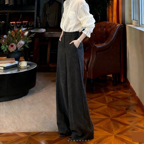高端定制深灰色毛呢大码阔腿裤女