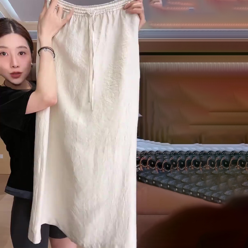 白色松紧腰抽绳亚麻半身裙女
