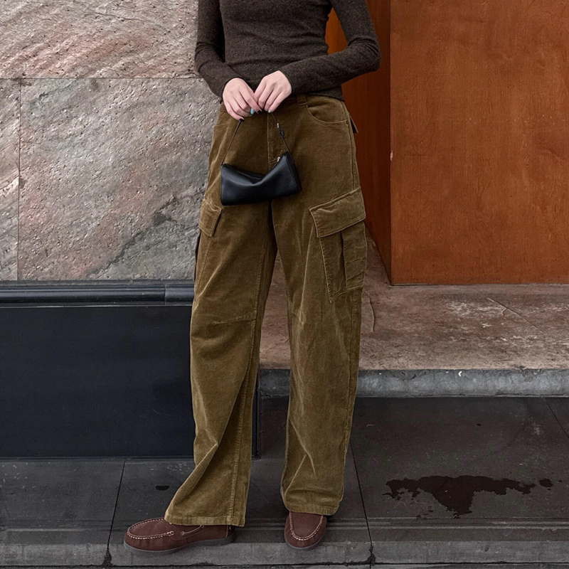 欧货高端定制棕色灯芯绒工装裤女