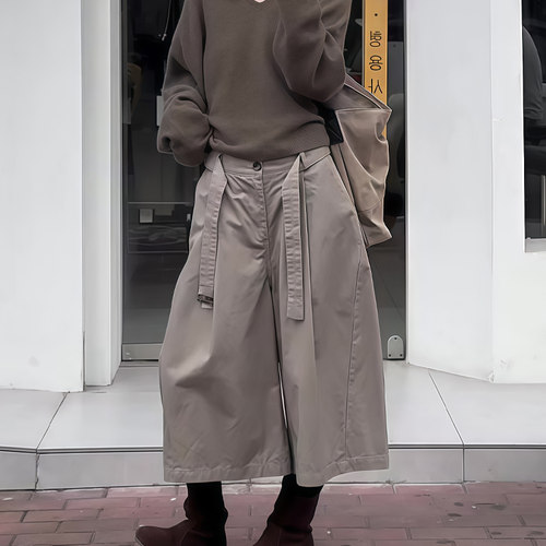 高端定制卡其色休闲风阔腿八分裤