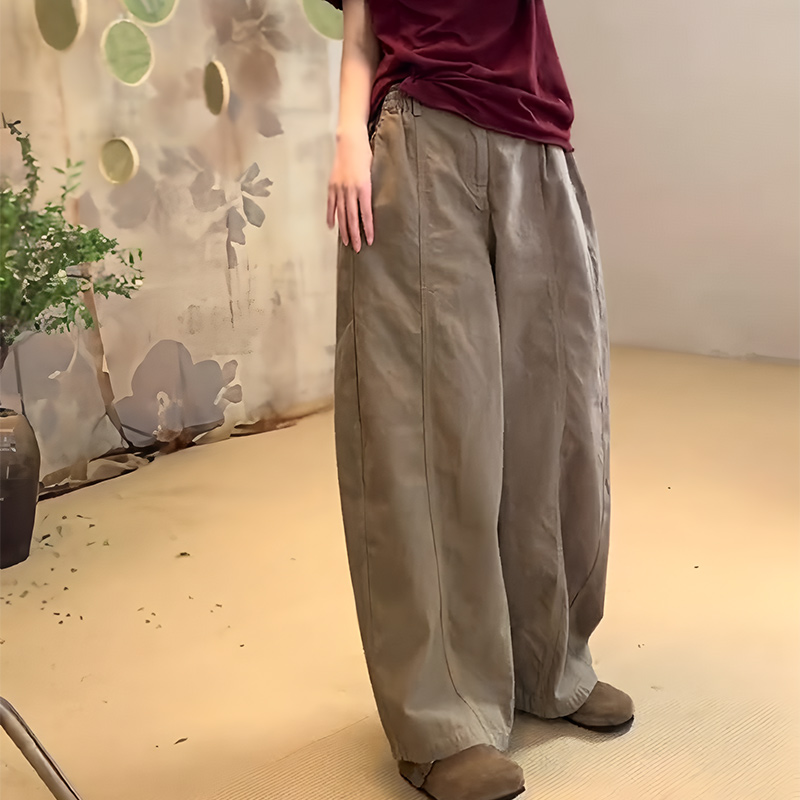 欧货正品卡其色简约棉麻阔腿裤子