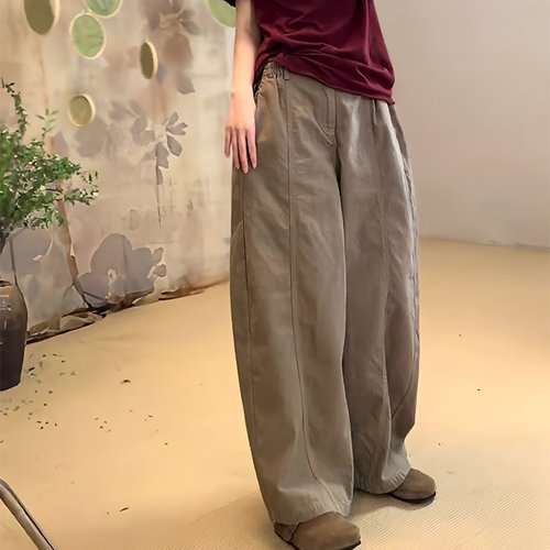 欧货正品卡其色简约棉麻阔腿裤子