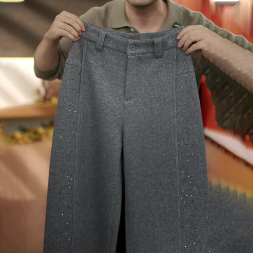 高端定制灰色毛呢大码细闪阔腿裤