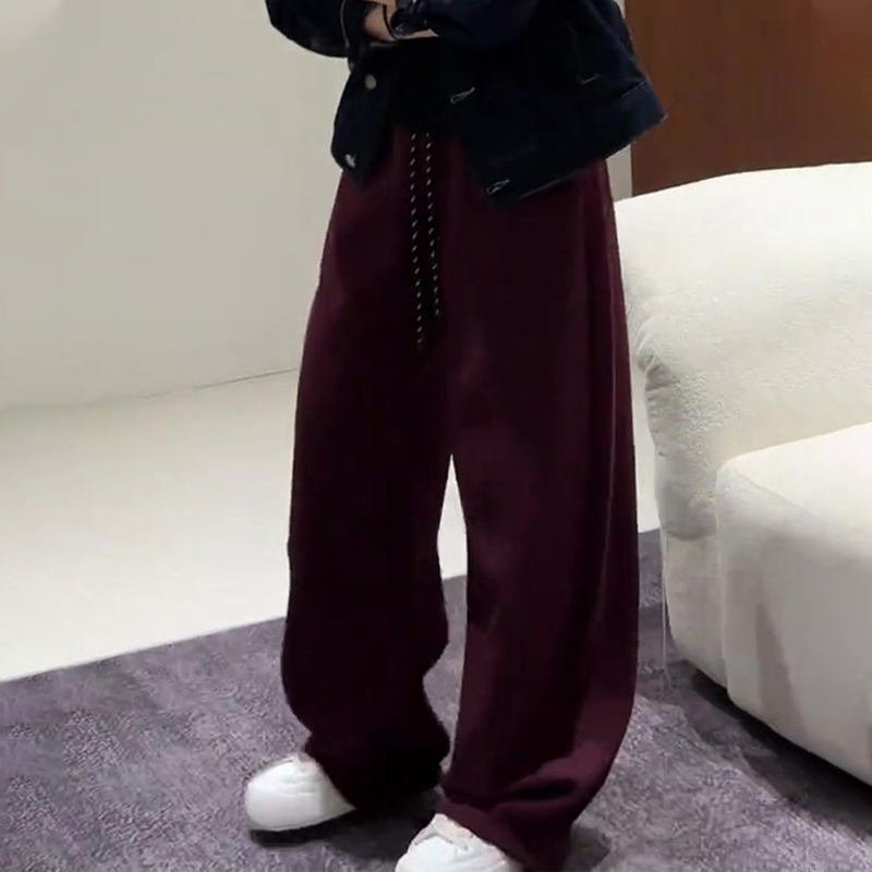 欧货高端定制酒红色大码阔腿卫裤